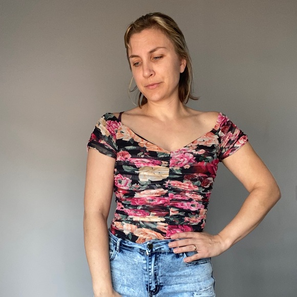Express Tops - Express Rose bodysuit size Medium, fitted one piece top floral and black